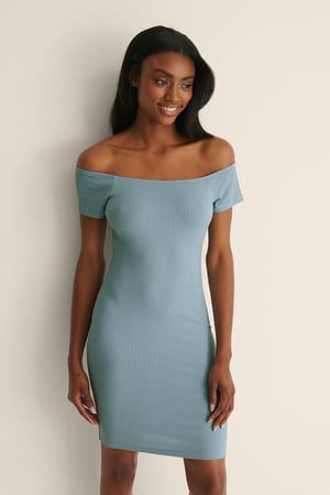 Dusty Dark Blue Recycled Off sholder Ribbed Dress