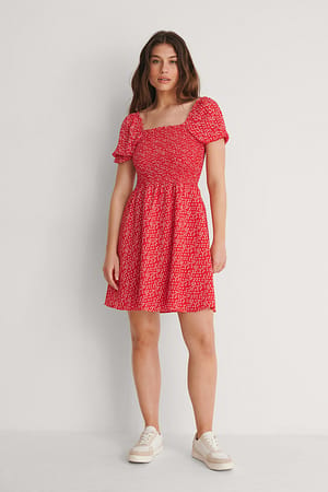 Red White Floral Printed Smock Dress