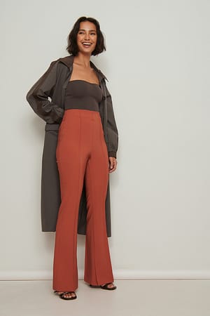 Warm Brown Recycled Slit Detailed Flared Pants