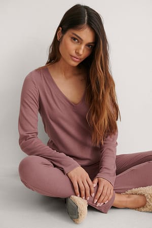 Rose Taupe Recycled Soft Ribbed V-Neck Top