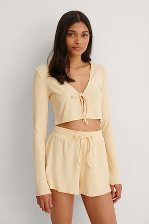 Light Yellow Front Tie Ribbed Loungewear Top