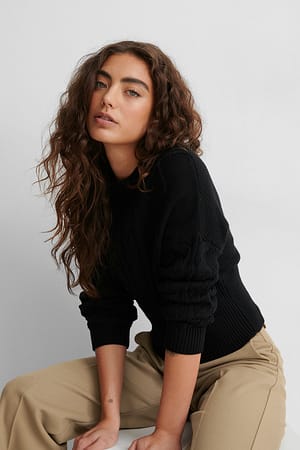 Black Rib Detail Cable Knitted Sweater