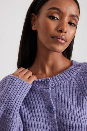 Purple Rib Knitted Shoulder Pad Cardigan