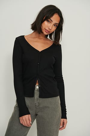 Black Ribbed Fitted Cardigan