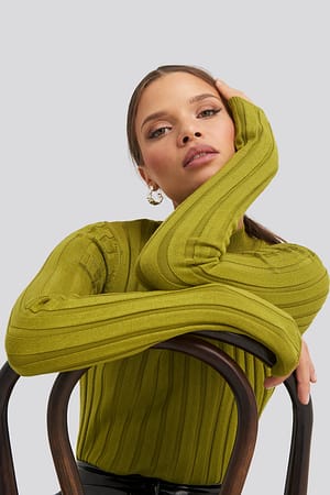 Olive Green Ribbed High Neck Knitted Sweater