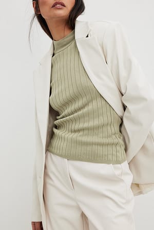 Light Khaki Ribbed High Neck Knitted Sweater