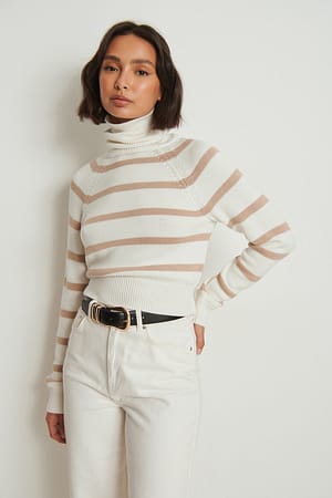 Beige/Cream Ribbed High Neck Knitted Sweater
