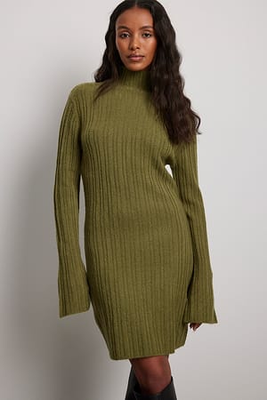 Khaki Green Ribbed Knitted Mini Dress