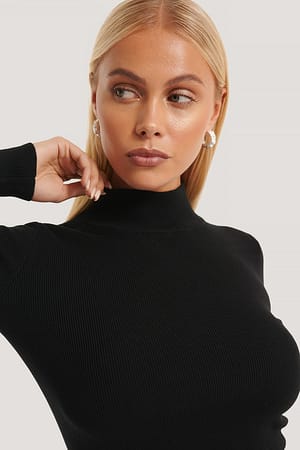 Black Ribbed Polo Cropped Knitted Sweater