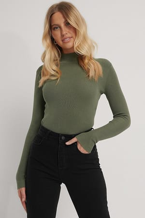 Khaki Green Ribbed Polo Knitted Sweater