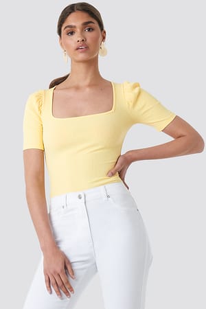 Yellow Ribbed Puff Short Sleeve Top