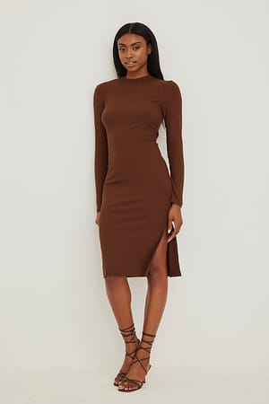 Brown Ribbed Slit Detail Mini Dress