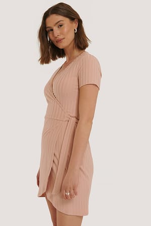 Dusty Pink Ribbed Wrap Dress