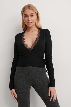 Black Ribbed Wrap Lace Detail Top