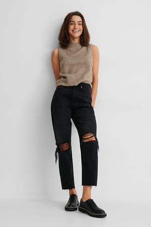 Black Ekologiska jeans med hög midja och slitningar på knät