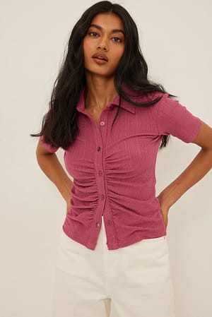 Pink Rouched Detail Short Sleeve Collar Top