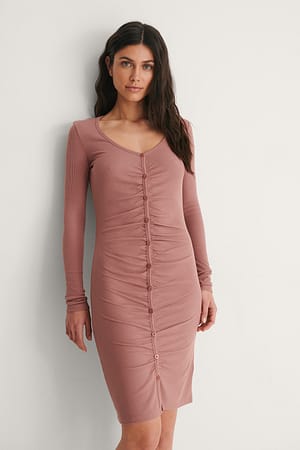 Dusty Dark Pink Rouched Ribbed Button Dress