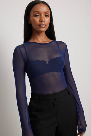 Navy Round Neck Fitted Mesh Top