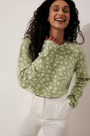 Green Flower Print Round Neck Knitted Sweater