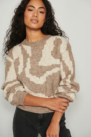 Beige/Cream Dzianinowy sweter w zebrę z okrągłym dekoltem