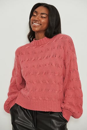 Pink Round Neck Oversized Knitted Detail Sweater