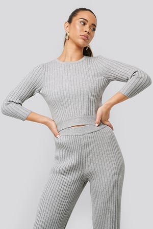 Grey Melange Round Neck Ribbed Knitted Sweater
