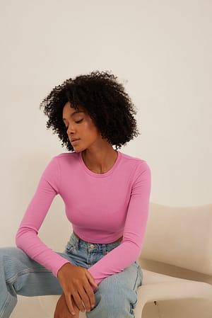 Pink Round Neck Ribbed Long Sleeve Crop Top