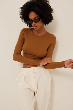 Rustic Brow Round Neck Ribbed Long Sleeve Crop Top