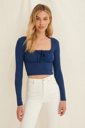 Blue Ruched Front Tie Top