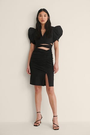 Black Ruched Slit Skirt