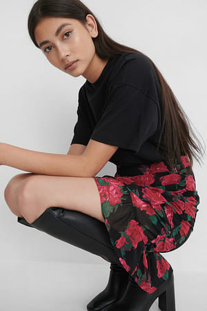 Rose Print Sheer Frill Mini Skirt