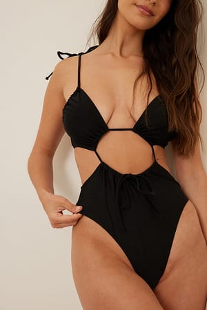 Black Shiny Front Drawstring Cut Out Swimsuit