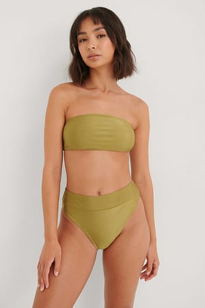 Olive Brillante Braguita De Bikini Con Talle Alto