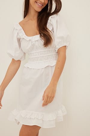 White Shirred Cotton Mini Dress