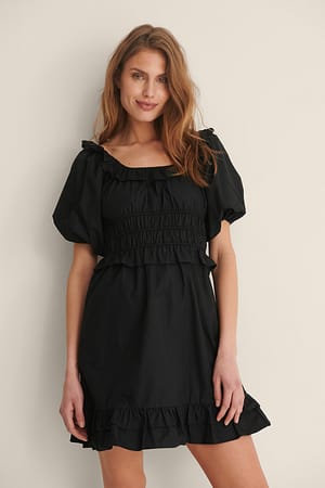 Black Shirred Cotton Mini Dress