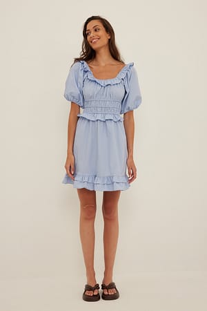 Blue Shirred Cotton Mini Dress