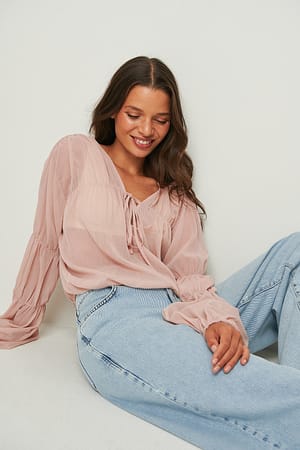 Light Dusty Pink Shirred Long Sleeve Blouse