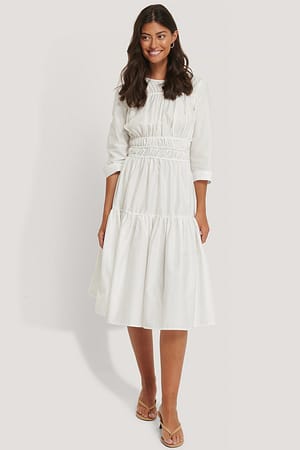 White Shirred Midi Dress