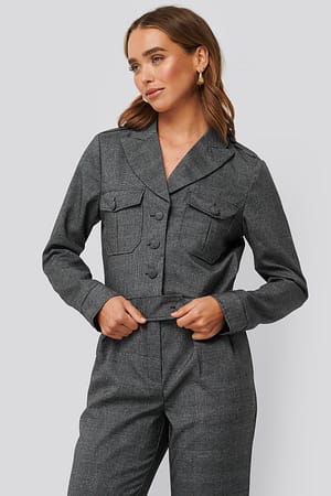 Dark Grey Check Krótka kurtka w kratkę z guzikami