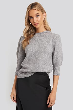 Light Grey Melange Sweter Z Dzianiny Z Krótkimi Bufiastymi Rękawami_x000D_