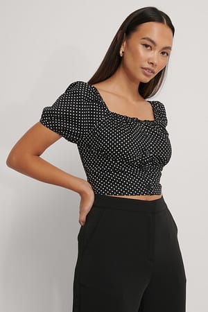 Black/White dots Short Sleeve Buttoned Crop Top