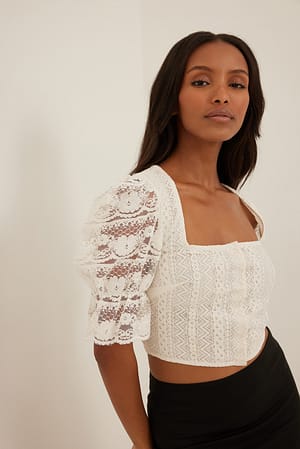 White Short Sleeve Lace Detail Top