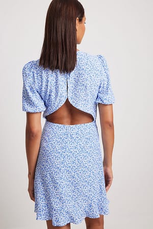 Blue Flower Kortärmad miniklänning med öppen rygg