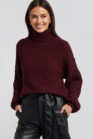Burgundy Sleeve Detailed Knitted Polo Sweater
