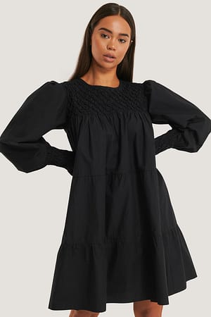 Black Smocked Poplin Dress