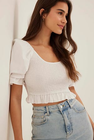 White Smocked Short Puff Sleeve Top