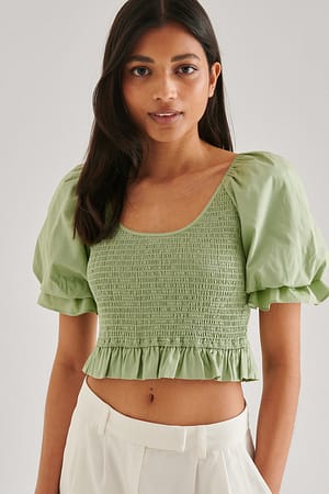 Pale Green Smocked Short Puff Sleeve Top