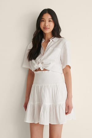 White Smocked Structured Mini Skirt