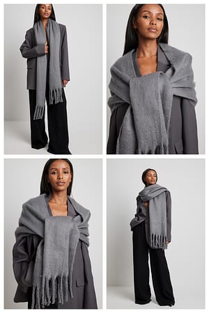Grey Återvunnen mjuk scarf med flätade fransar