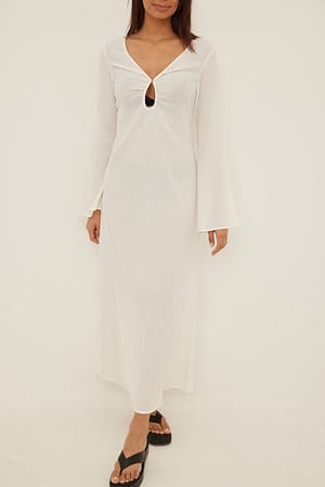 White Vestido maxi de algodón suave con escote fruncido